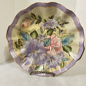 Vintage Chinese Hand Painted Chinoiserie Plate Decorative Floral Gold Embossed